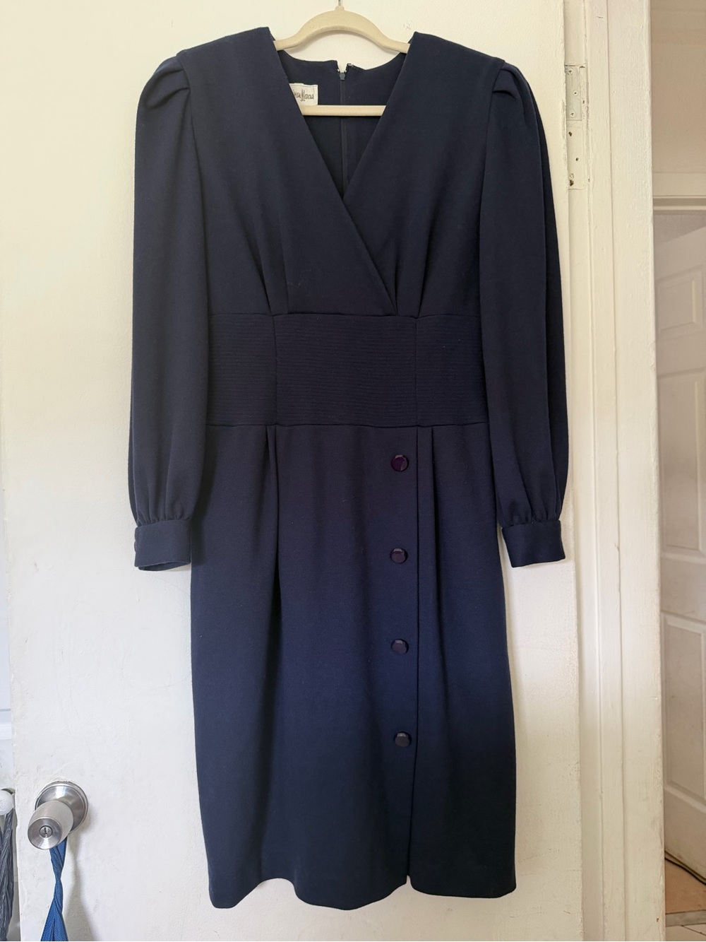 Neiman Marcus Navy V-Neck Long Sleeve Midi Dress